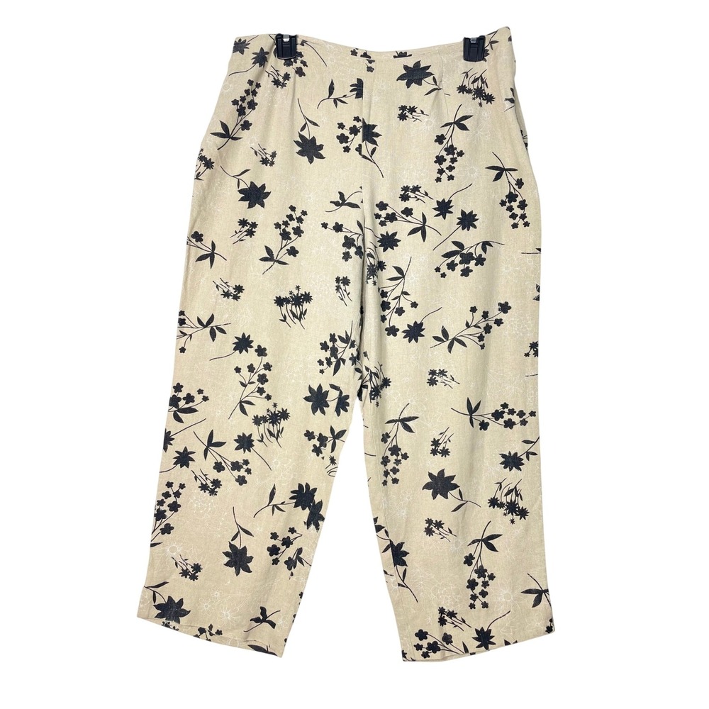 First Option Linen Pants Women Size 10‎ Blend Print Cropped Beige Black Floral